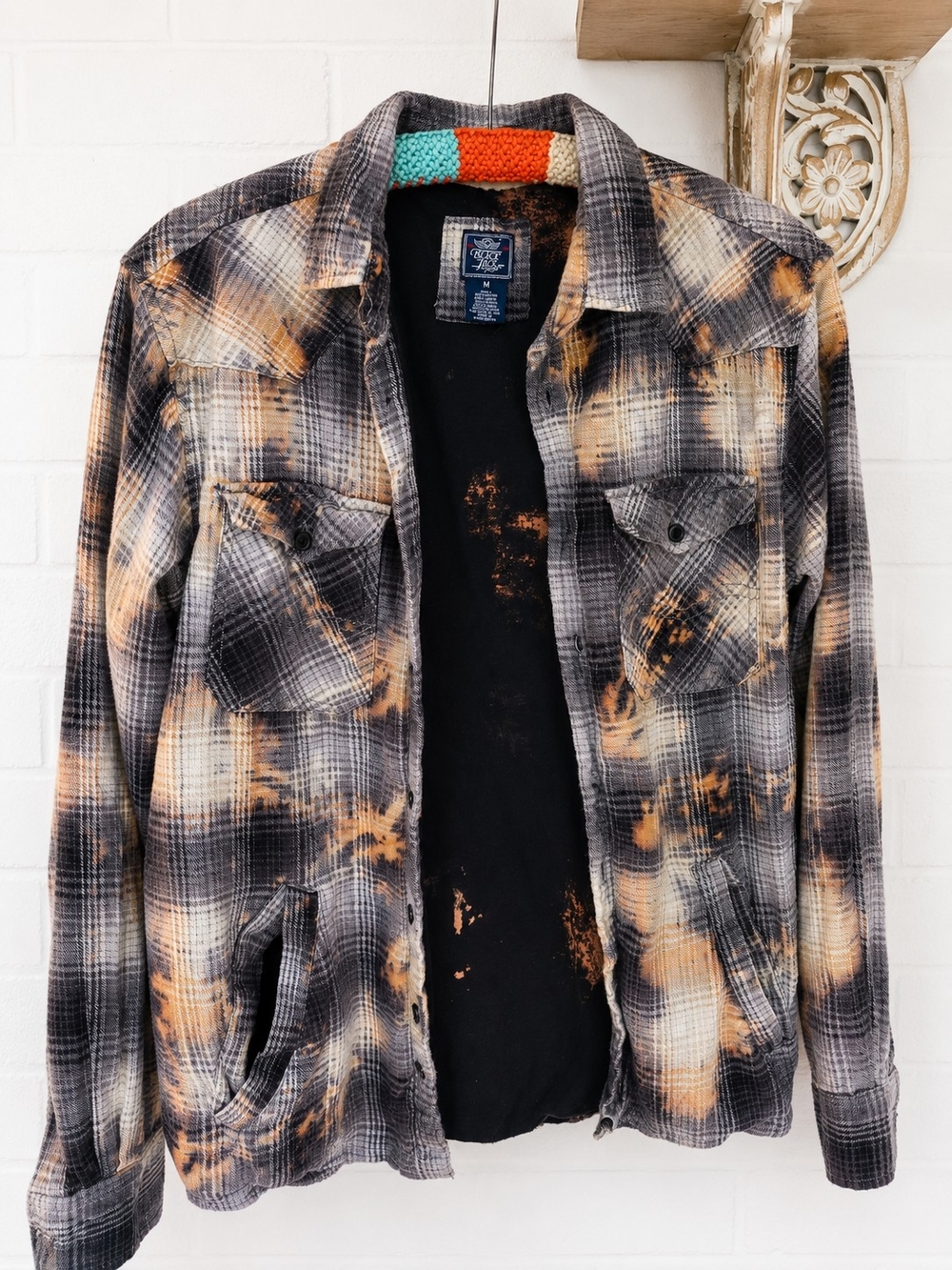 Black Jack Distressed Bleached Flannel Shacket Grunge 90s Plaid Jacket M Womens